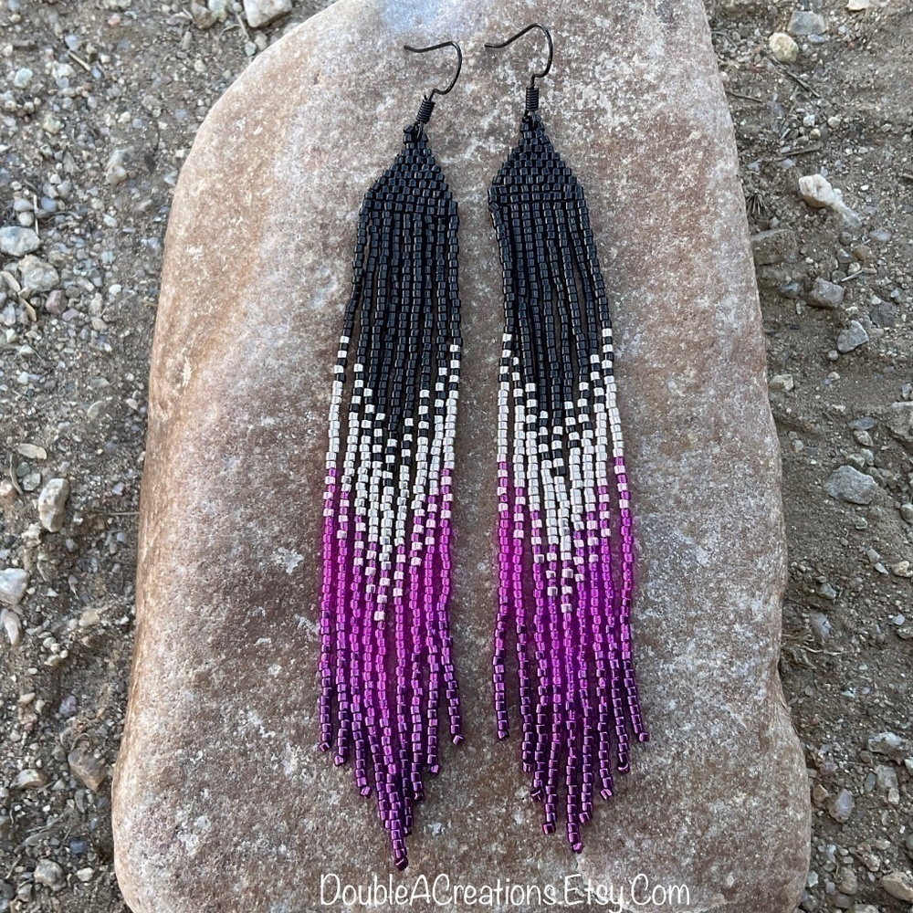 Hot Pink And Black Beaded Earrings With Fringe, New, Handmade By Me